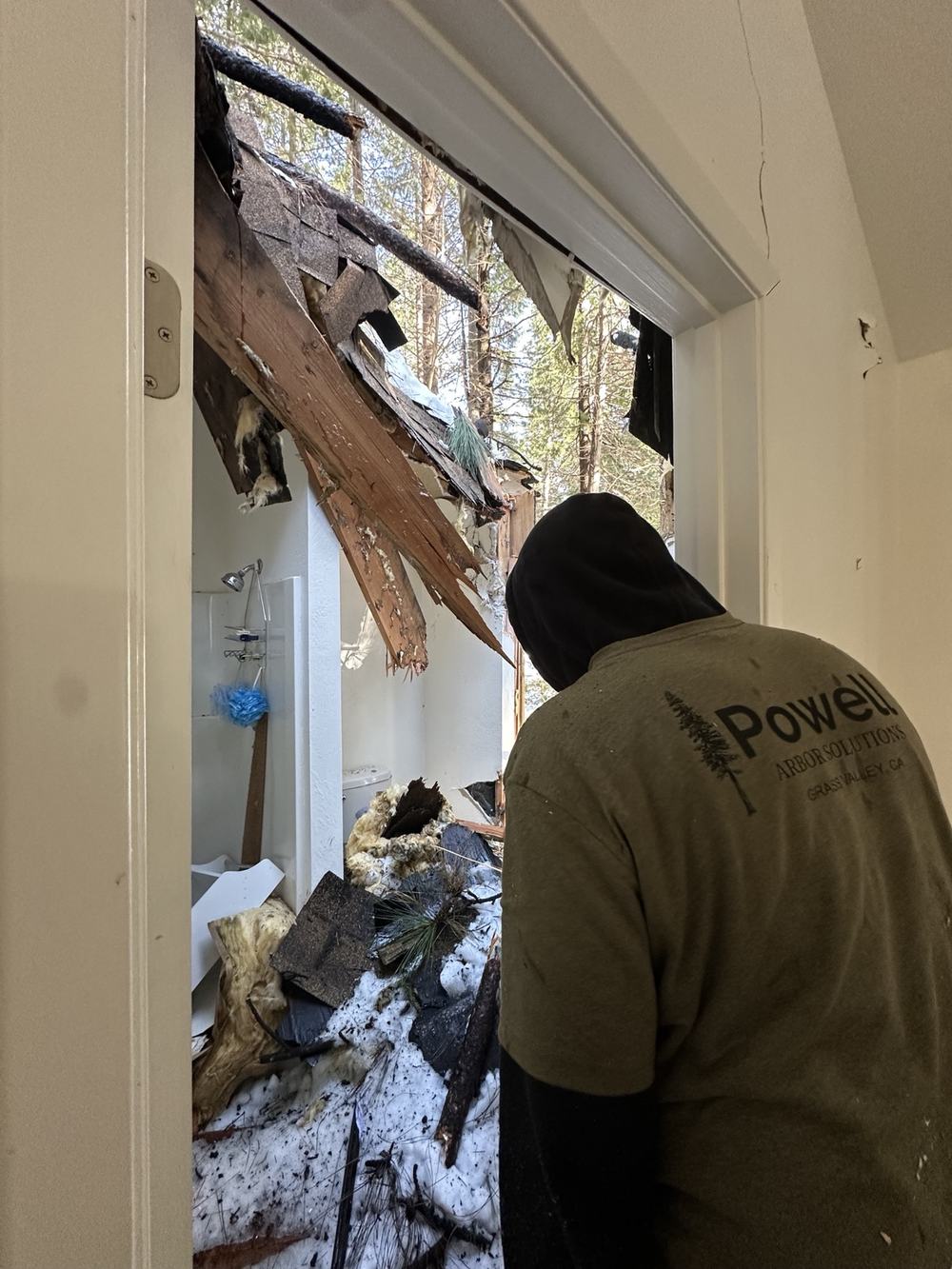 Powell Arbor Solutions crew member, viewed from inside a home, looking through a doorway at a bathroom crushed by a fallen tree, with roof framing, insulation and snow on the floor